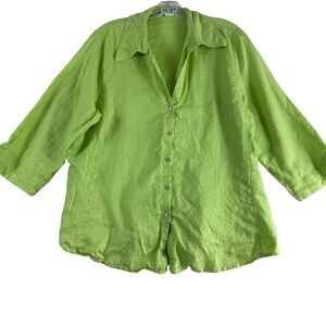 David N. Top‎ Shirt Women Sz 1X Lime Green 100% Linen Coastal 3/4 Sleeve